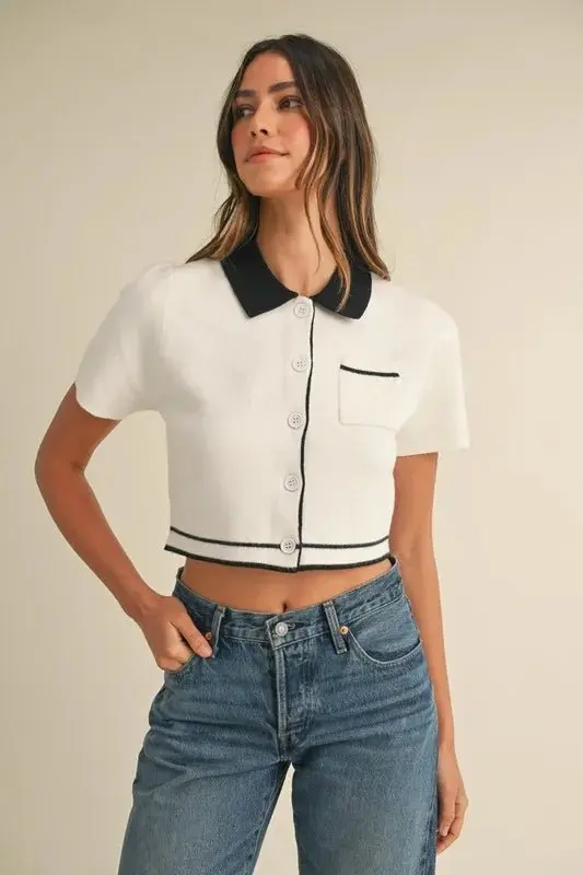 Button Down Contrast Collared Knit Cardigan online