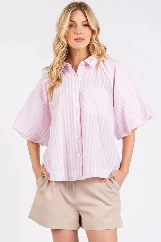 Button Down Striped Puff Sleeve Shirt online