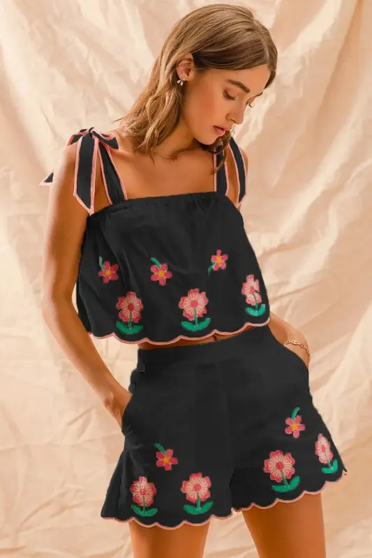 Flower Embroidered Tank Top and Shorts Set online