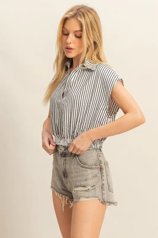 Striped Elastic Hem Cap Sleeve Blouse online